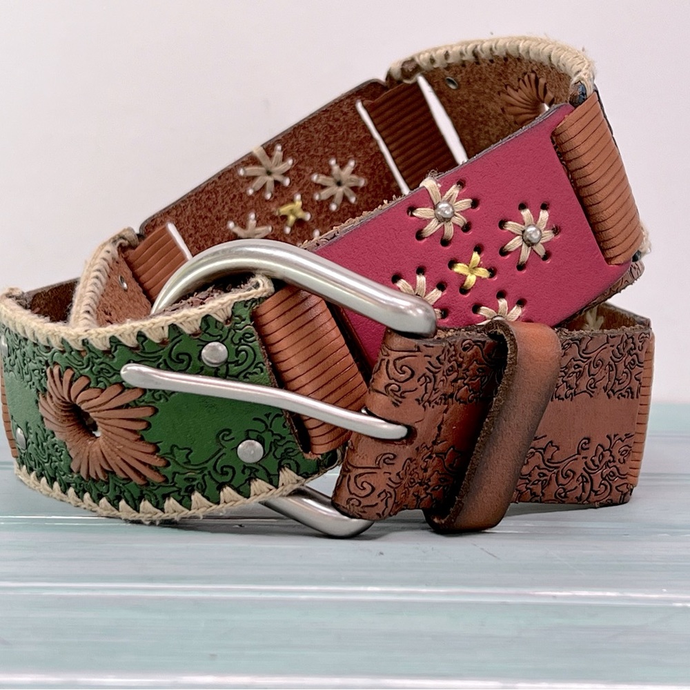 Fossil Tooled Leather Boho Patchwork Belt Medium